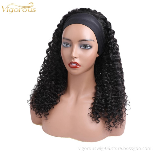 Wholesale Black 20 Inch Body Wave Cheap Women's Raw Brazillian Real Human Hair Half Wigs With Ice Silk Headband Clipin Curly